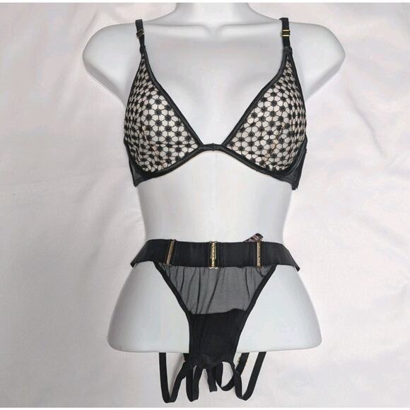 Victorias Secret Luxe Unlined Plunge Bra 32C Black Sheer Starburst Strappy Set S - Picture 1 of 11
